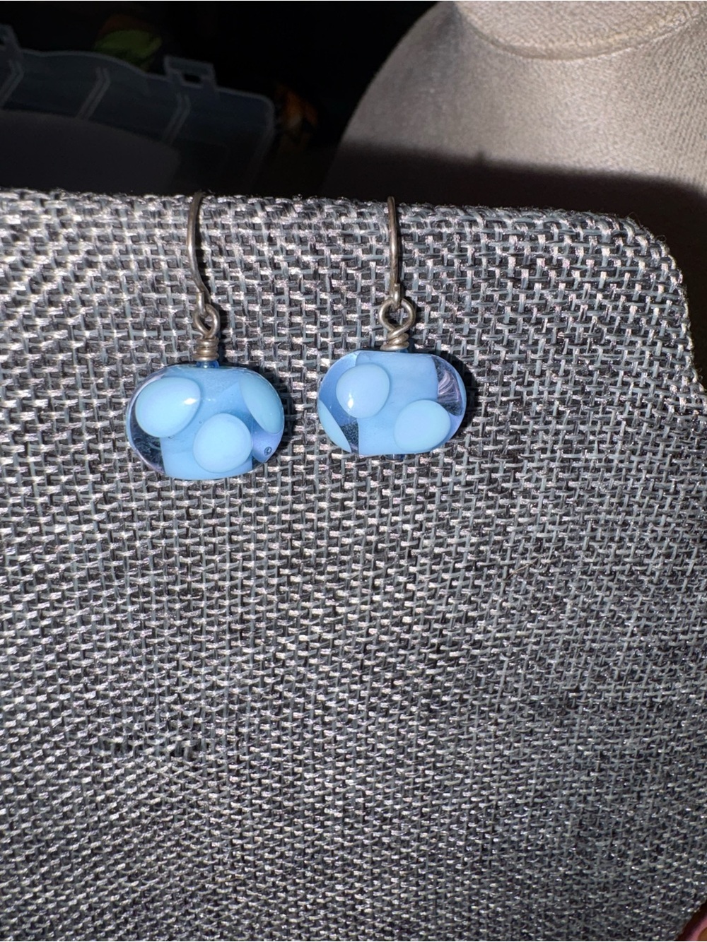 Light Blue Glass Drop Earrings with Polka Dot Accents